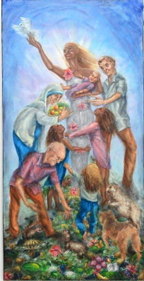 Charity in poverty oil painting on canvas by contemporary Christian artist Marta Sytniewski